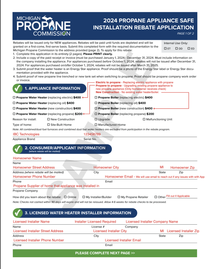 Michigan Propane Commission 2024 Propane Appliance Safe Installation Rebate Application form.